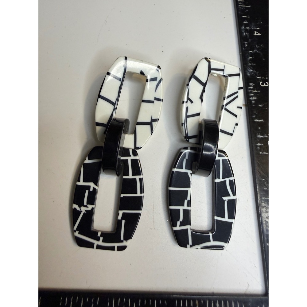 Black White Grid Resin Link Drop Earrings Geometric Chunky Statement Jewelry